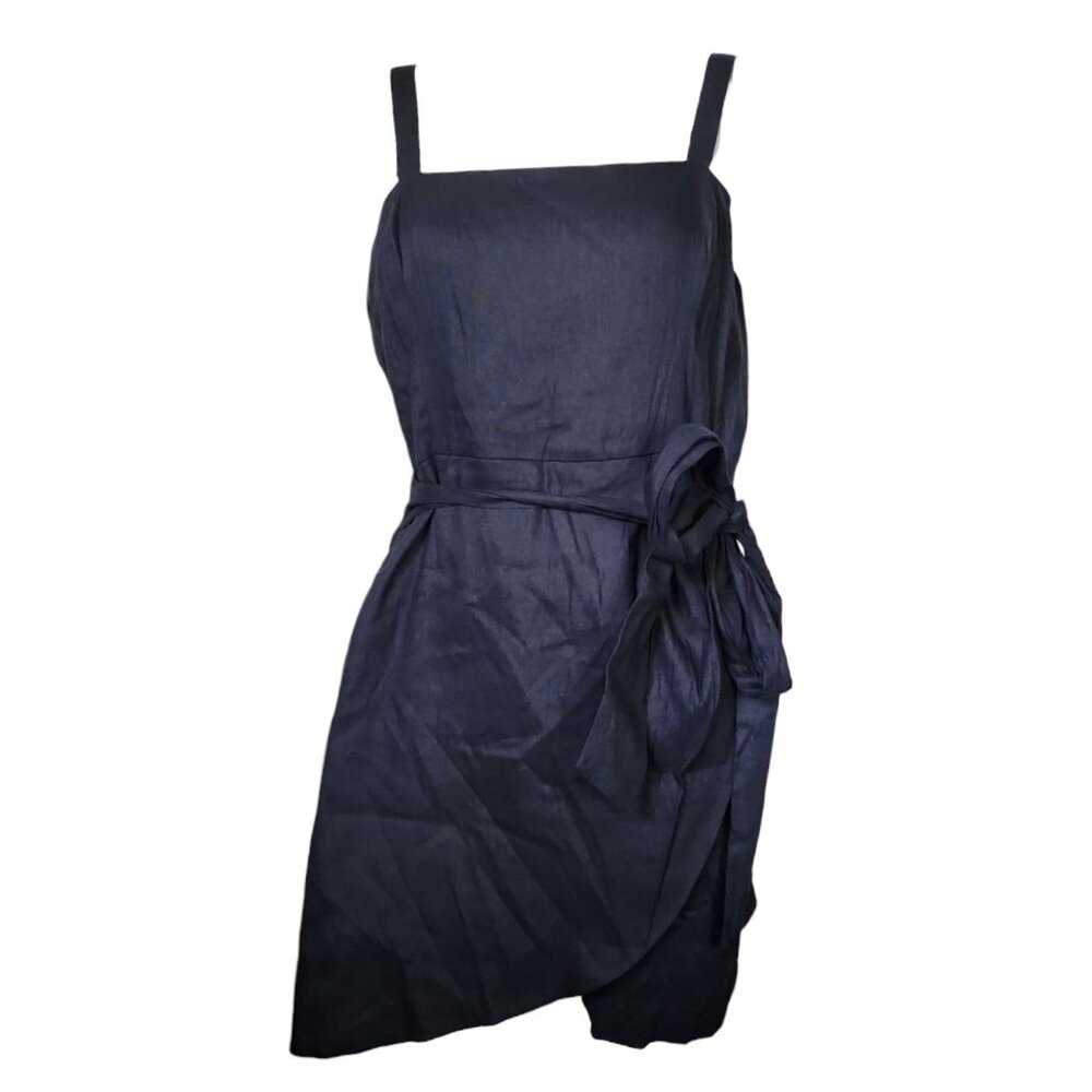 Gianni Bini Dress Womens Size 12 Solid All Black Linen‎ Blend Faux Wrap Smocked